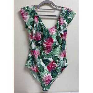 Matilda Jane Womens Palm Print One Piece Swimsuit Ruffle Size L